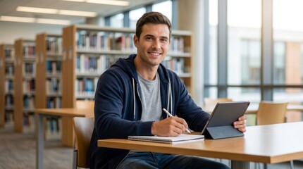 Obraz premium Confident College Student Studying with Tablet in Modern Library
