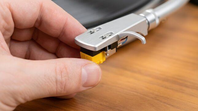 Hands fitting a yellow turntable stylus needle cartridge onto a turntable headshell tonearm.