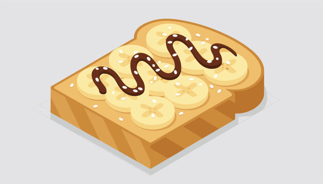 Delicious slice of toast with banana slices and a chocolate syrup wave drizzled over the top in isometric.