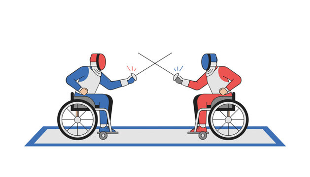 Parathletes competing in a wheelchair fencing match on a strip with protective masks and foils in hand.