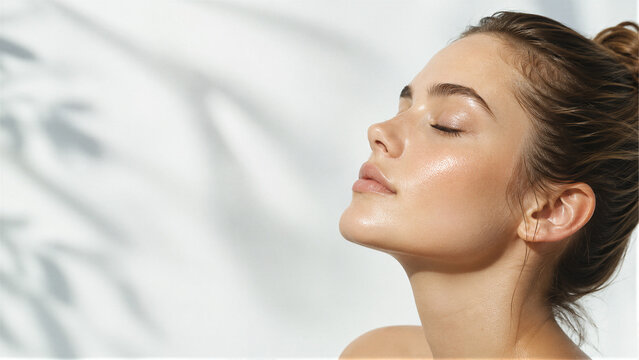 Young woman with glowing healthy skin and closed eyes on white background with leaf shadows, natural beauty and skincare concept with copy space