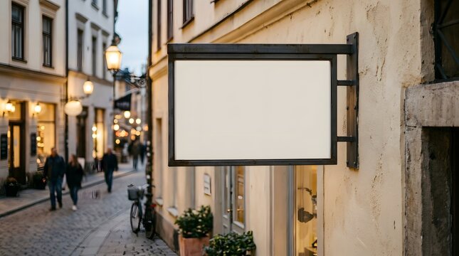 Blank Rectangular Store Sign Mockup on European Street