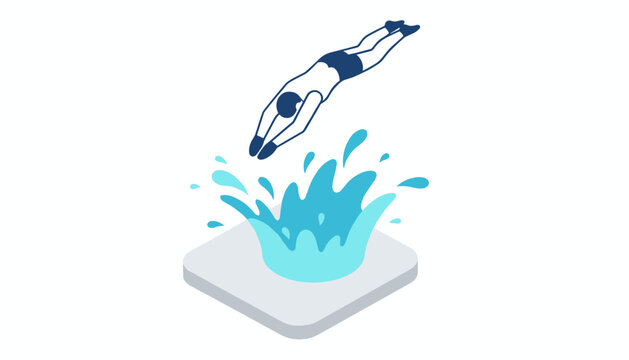 Professional swimmer diving gracefully into the water making a large splash, represented in a clean isometric illustration style.
