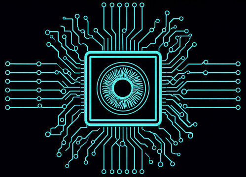 Futuristic microchip processor graphic with a central eye and glowing circuit board connections