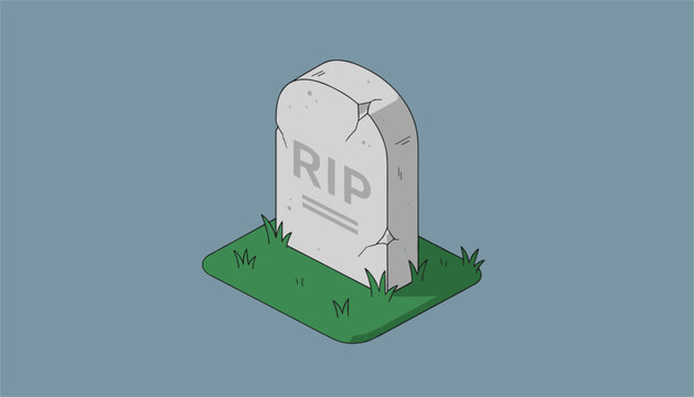 Isometric vector illustration of a grey stone gravestone with RIP carved on it standing on a patch of green grass.