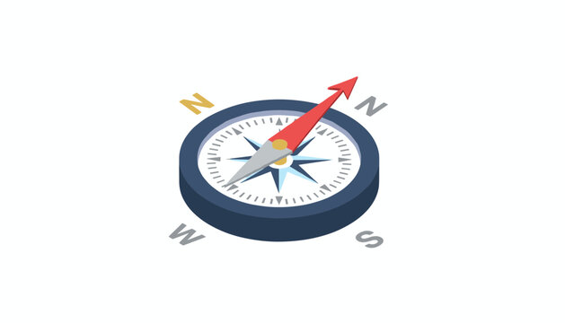 Isometric vector illustration of a classic navigation compass with a red needle pointing toward the North-East direction.