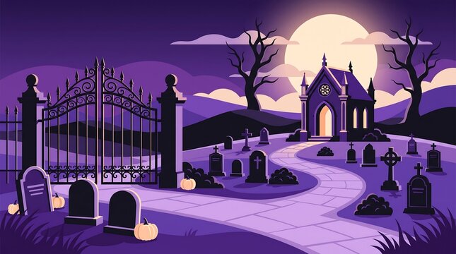 A hauntingly beautiful halloween night scene depicts a spooky graveyard under a full moon with ornate gates and a winding path evoking