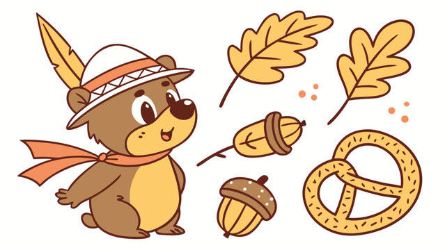 Vector clipart set of cute bear in bavarian hat oak leaves acorns pretzel autumn oktoberfest elements isolated on white background