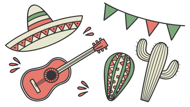 Hand drawn vector clipart set of mexican festive elements traditional sombrero hat acoustic guitar cactus maraca garland isolated on white background