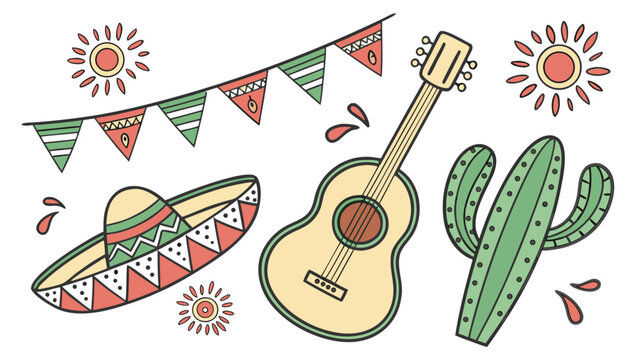 Vector doodle set of mexican fiesta elements acoustic guitar traditional sombrero hat green cactus festive garland sun isolated on white background