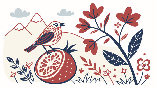 Vector folk art illustration of bird standing on half pomegranate near stylized flowers leaves and mountains isolated on light background