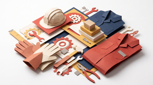 Labor Day Concept with Papercraft Worker Uniforms and Construction Tools