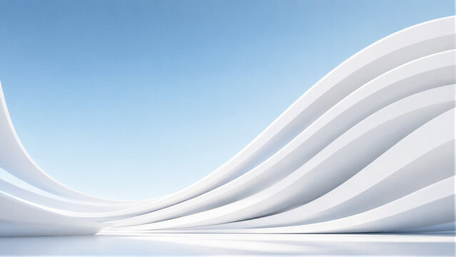 Abstract white curved architecture with flowing wavy lines and blue sky background, minimal modern 3D render