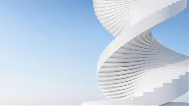 Abstract white spiral architecture with twisting curved lines against blue sky, minimal modern 3D render background
