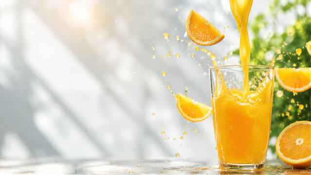 Fresh orange juice pouring into glass with splash and flying orange slices on sunny background, refreshing summer drink with copy space