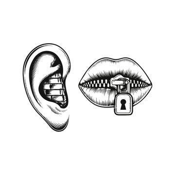 Secret Keeping Symbol Illustration With Zippered Ear, Locked Lips And Privacy Concep