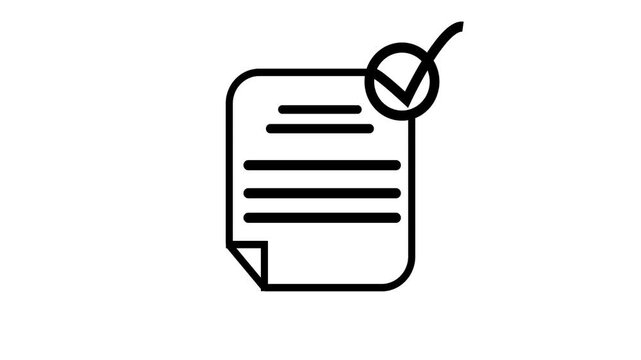 Animated line art document icon showing a file filling black and white then being marked with an approval checkmark symbol.