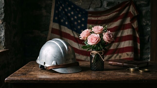 Hard hat and a vase of pink roses sit on a vintage wooden table with an American flag hanging in the background.