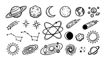 Hand Drawn Solar System Planets Stars Moon and Constellation Doodle Vector Set © Md Monirul