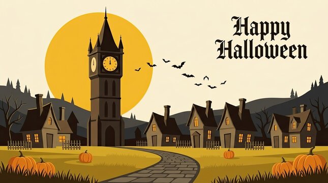 Happy halloween illustration with clock tower and flying bats at sunset