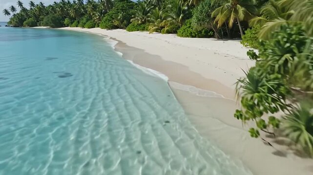 Aerial view of crystal clear turquoise water lapping on a pristine white sand beach with lush green tropical vegetation
