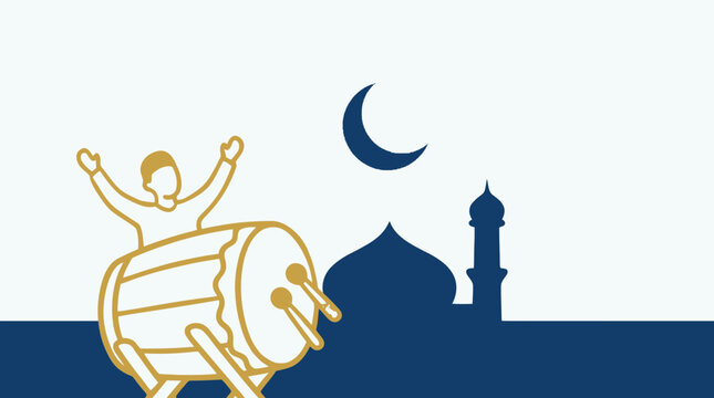 Festive Islamic holiday banner featuring a traditional bedug drum and mosque silhouette.