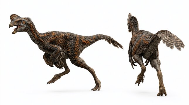 Oviraptor Dinosaur in Running Motion, Side and Rear Perspective Views, Prehistoric Theropod Creature with Feathers on White Background for Commercial