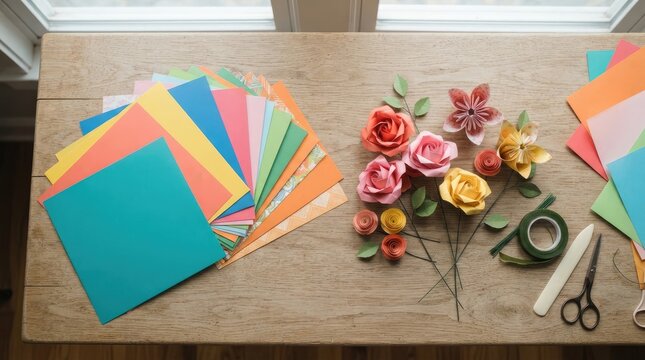 Kumpulan kertas origami warna-warni dan bunga kertas buatan tangan di atas meja kayu