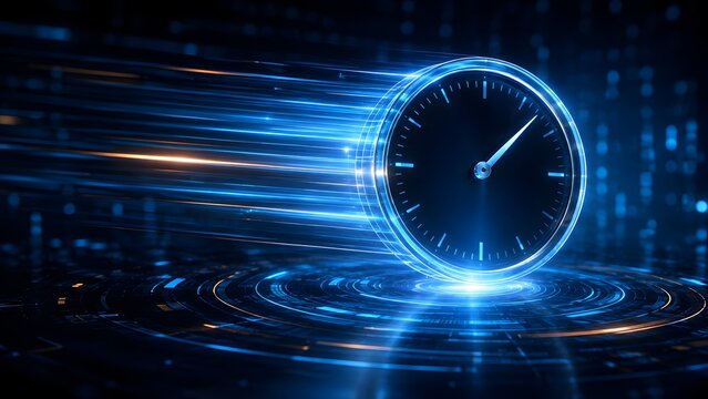 Metallic futuristic clock dial with glowing blue light trails and fast motion blur. Concept of high speed data processing, rapid network connection, and digital time management.