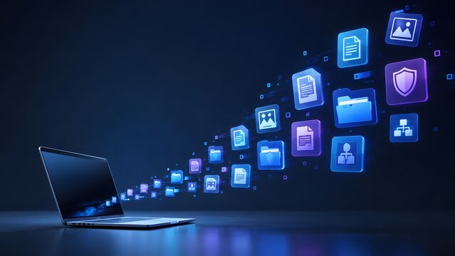 Laptop computer emitting a stream of glowing blue document and folder icons. Concept of cloud storage migration, cybersecurity, and asset management.