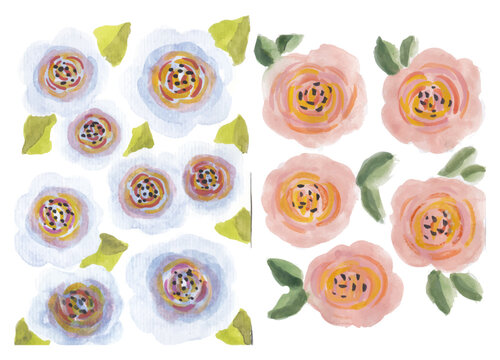 Colorful flowers pattern hand drawn watercolor art