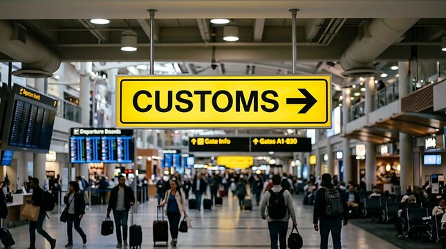 Customs sign with arrow hanging in a busy airport terminal with passengers walking with luggage and travel bags