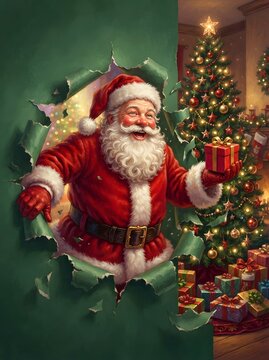 Santa Claus peeking through torn green paper revealing a decorated christmas tree and gifts