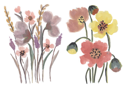 Colorful flowers pattern hand drawn watercolor art