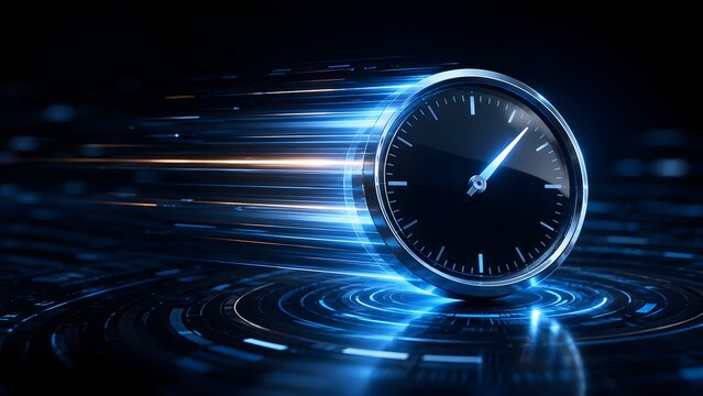 Analog clock face displaying high speed motion blur light streaks. Concept of rapid innovation, time efficiency, and fast network data transmission.