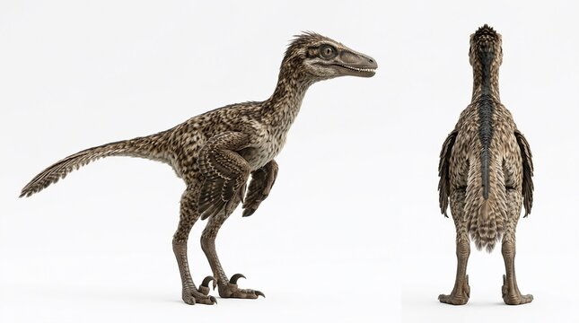 Highly detailed 3D illustration of a Troodon dinosaur shown in side and rear views, bird-like feathered theropod from the late Cretaceous era.