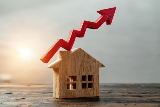 Rising cost of living and housing costs as mortgage repayments climb, a red arrow soaring above a family home to warn of higher prices
