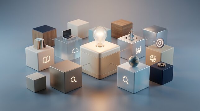 Connected isometric cubes surrounding a central glowing lightbulb on gray surface. Concept of creative brainstorming, and network problem solving.