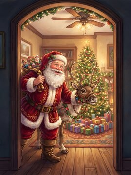 Santa Claus with reindeer and gifts entering a cozy room decorated for Christmas celebration