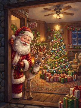 Santa Claus welcomes a reindeer into a cozy living room decorated for christmas