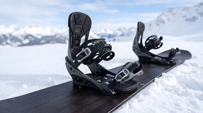 Snowboard Bindings Mounted on Board in Snow