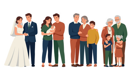 Obraz premium Flat vector illustration of diverse family life stages and generations