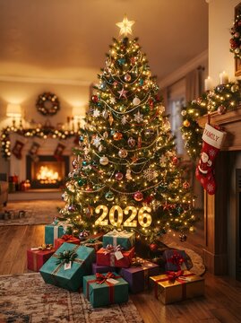 Decorated christmas tree with gifts and new year 2026 celebration in cozy living room