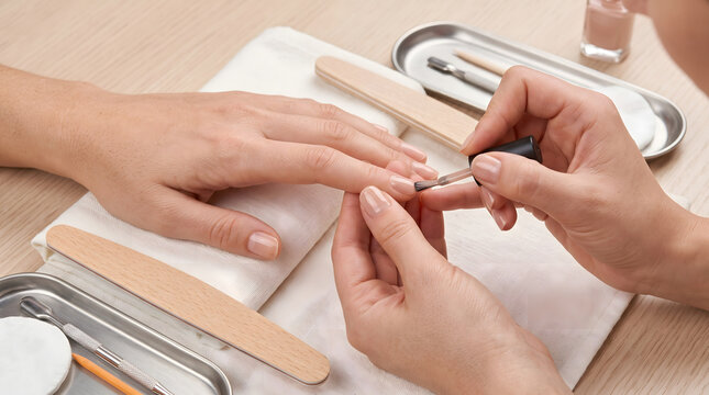 Nude Manicure Applied to Client Hands