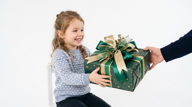 A Child Receives a Gift: A young girl with a beaming smile receives a beautifully wrapped present, tied with a festive ribbon, signifying joy and generosity.