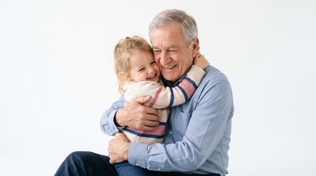 Grandfather's Embrace: A heartwarming moment as a smiling grandfather holds his young granddaughter in a loving embrace, their joy palpable in their shared expression.