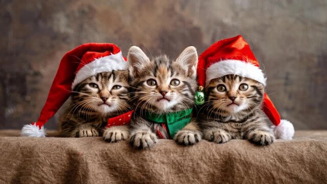 Adorable kittens don festive Santa hats as they gather together, radiating cuteness and holiday cheer, perfect for seasonal celebrations and animal lovers alike.