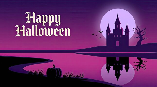 Happy halloween greeting with spooky castle and bat reflection in purple pixel art style