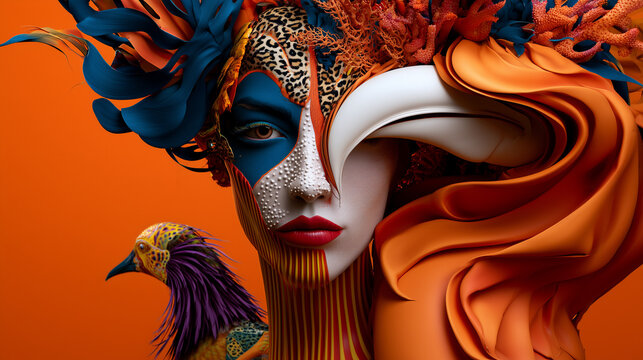 colorful digital portrait with tropical bird and botanical elements, surreal human face merged with avian and floral motifs, intricate composite artwork featuring a face birds and tropical foliage