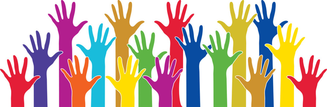 Colorful Raised Hands PNG, Multicolored Hands with Extended Fingers in Different Upward Gestures, Isolated on Transparent Background